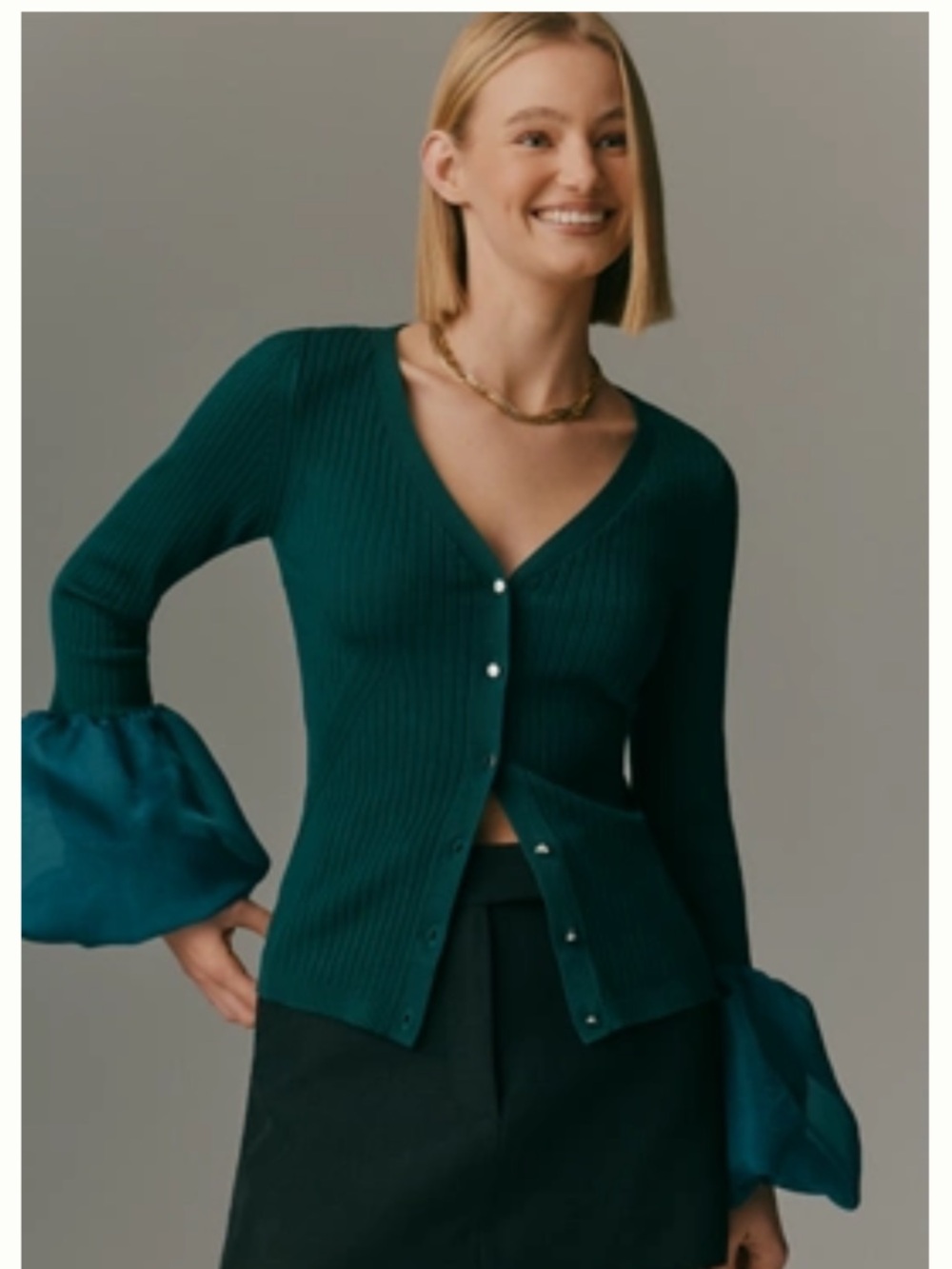 Maeve Teal Ribbed Button-Front Cardigan with Organza Cuffs NWT XXS